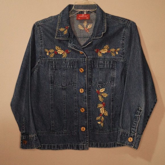Vintage HOLIDAY LODGE BY NORTHCREST Denim Buttoned Chambray Embroidered Jacket - Picture 2 of 6